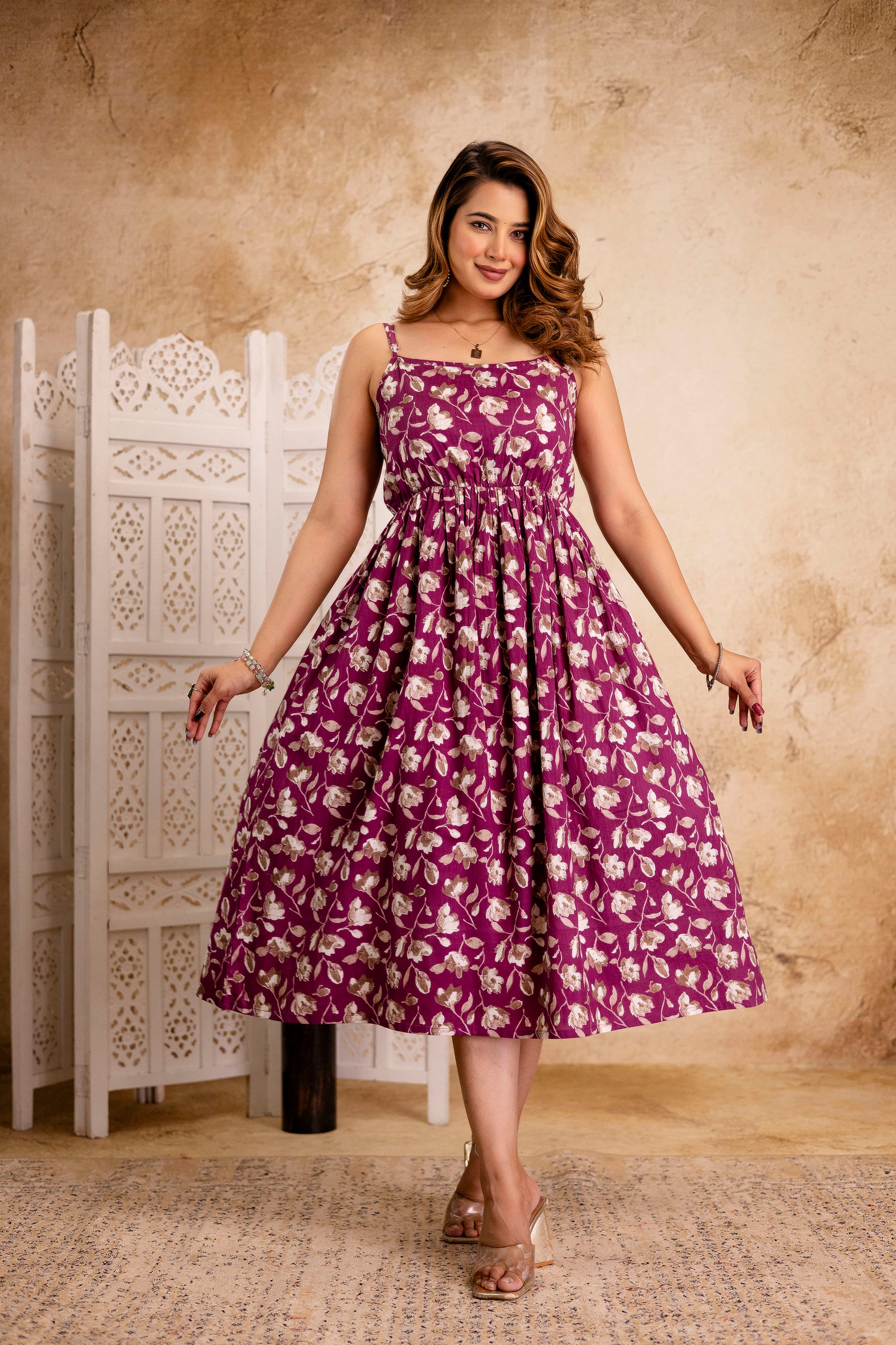 Berry Bloom Floral Cotton Strappy Midi Dress