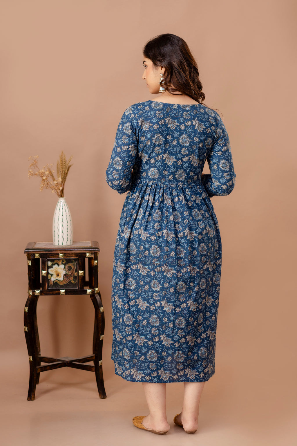 Blue Cotton Maternity & Feeding Dress (Calf Length)