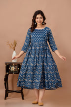 Blue Cotton Maternity & Feeding Dress (Calf Length)