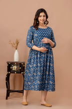Blue Cotton Maternity & Feeding Dress (Calf Length)