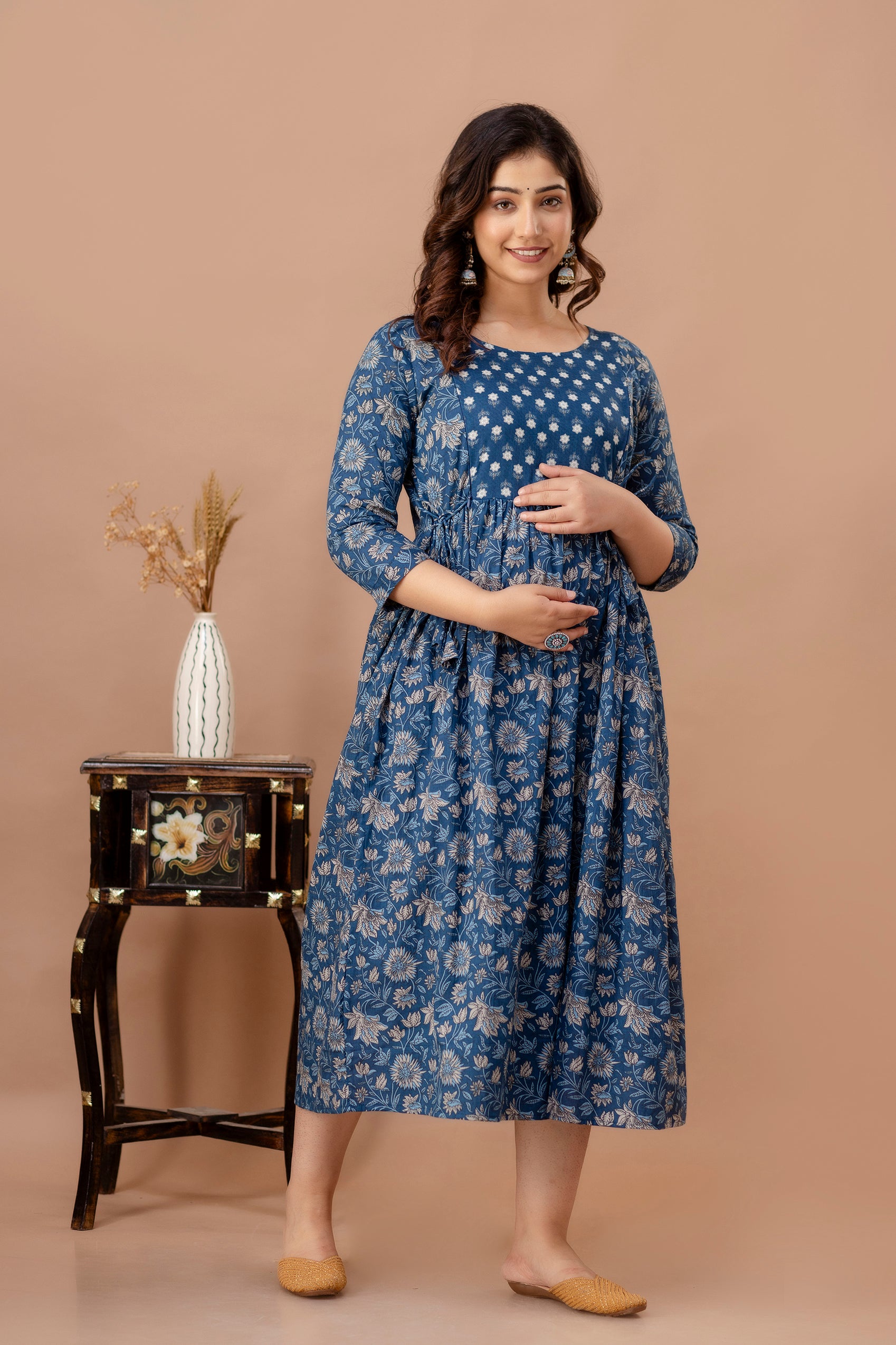 Blue Cotton Maternity & Feeding Dress (Calf Length)