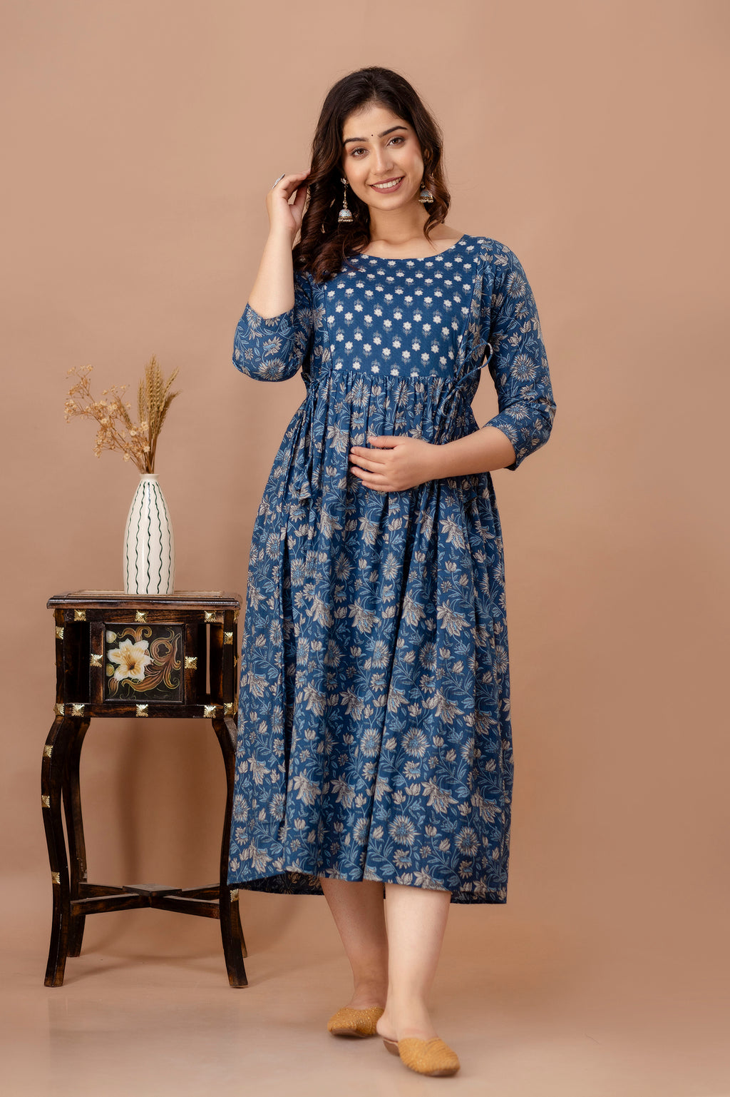 Blue Cotton Maternity & Feeding Dress (Calf Length)