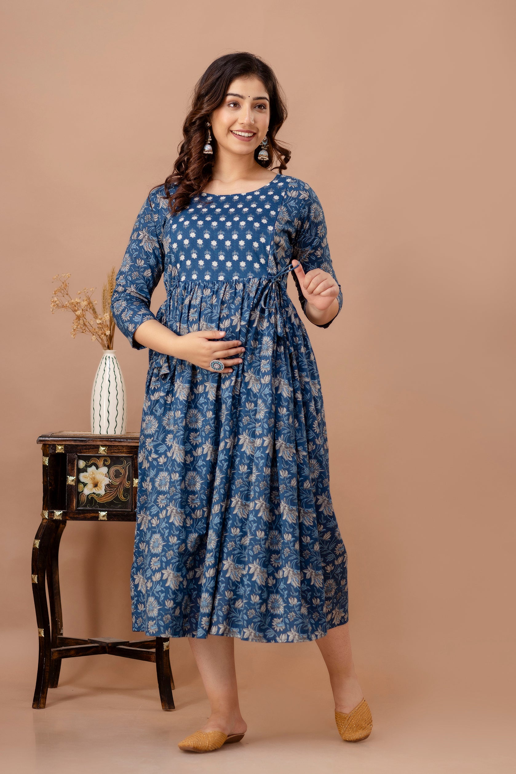 Blue Cotton Maternity & Feeding Dress (Calf Length)