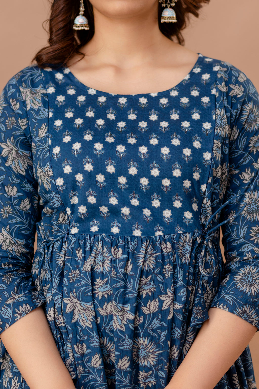 Blue Cotton Maternity & Feeding Dress (Calf Length)