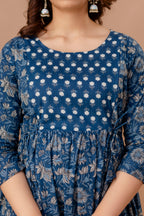 Blue Cotton Maternity & Feeding Dress (Calf Length)