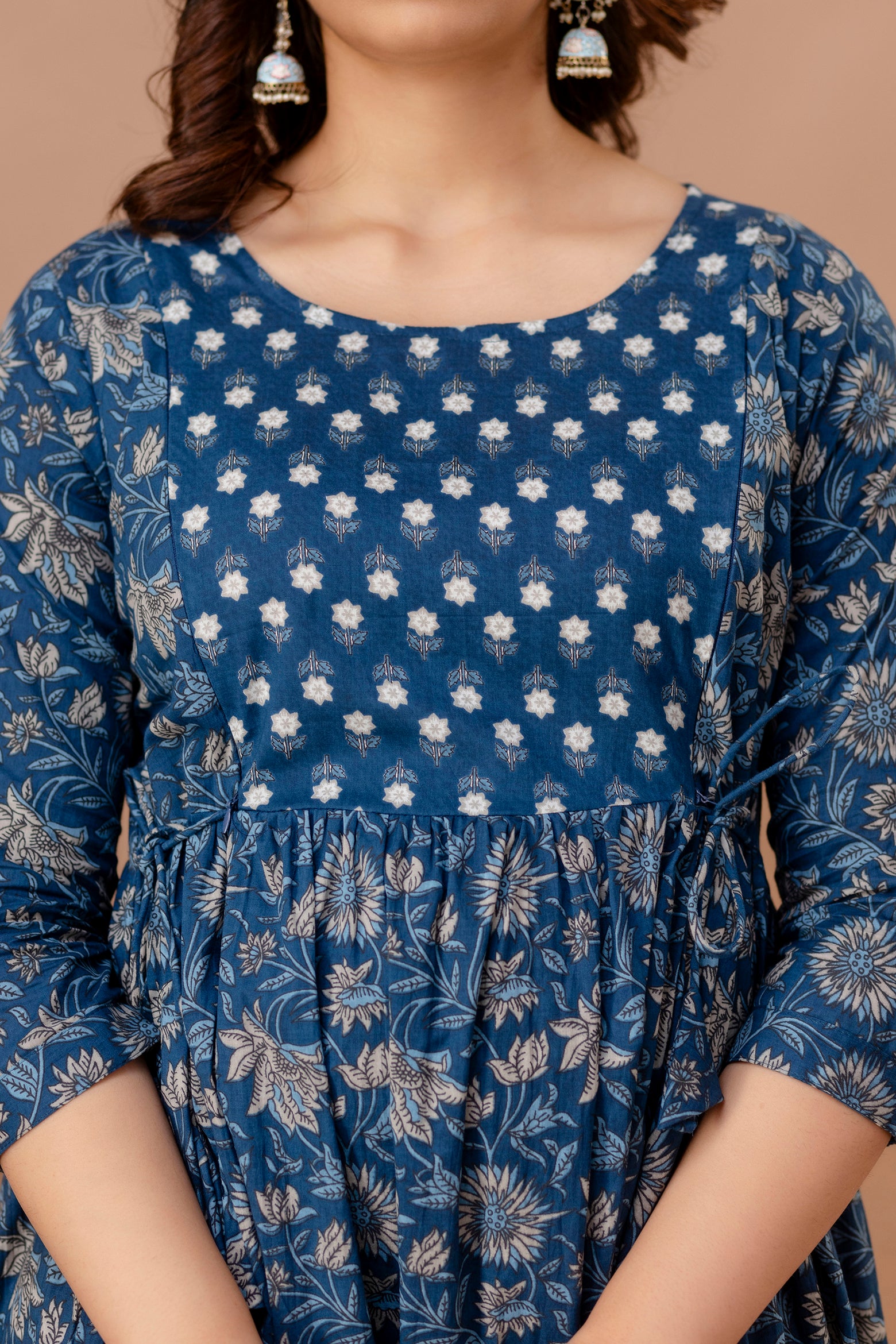 Blue Cotton Maternity & Feeding Dress (Calf Length)