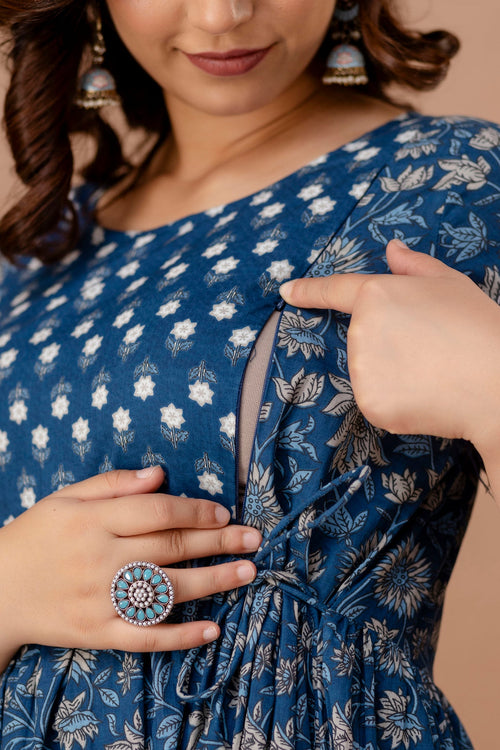 Blue Cotton Maternity & Feeding Dress (Calf Length)