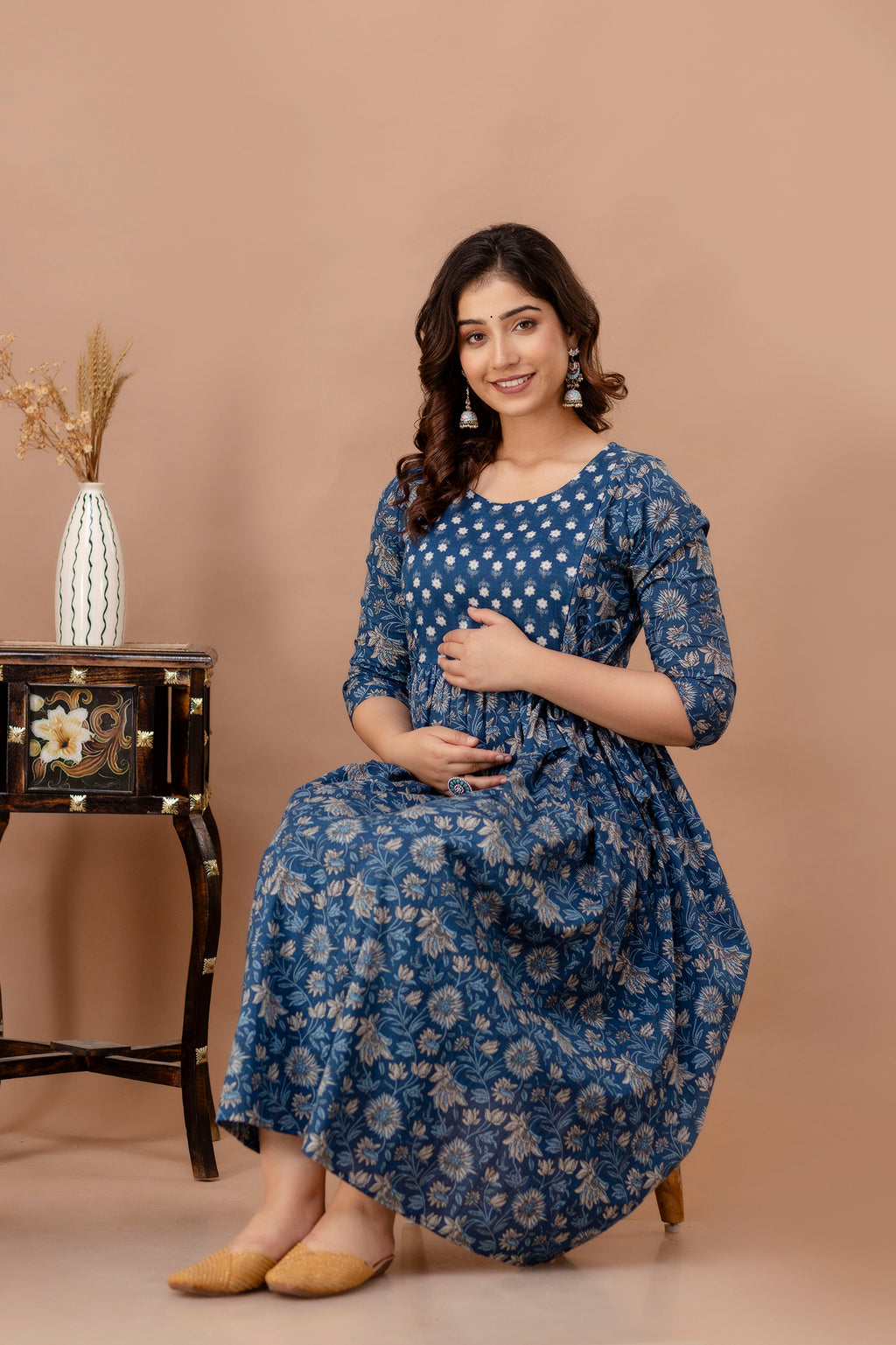 Blue Cotton Maternity & Feeding Dress (Calf Length)