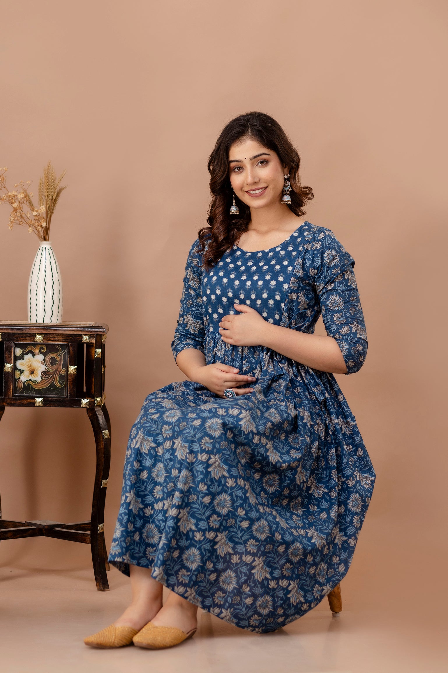 Blue Cotton Maternity & Feeding Dress (Calf Length)