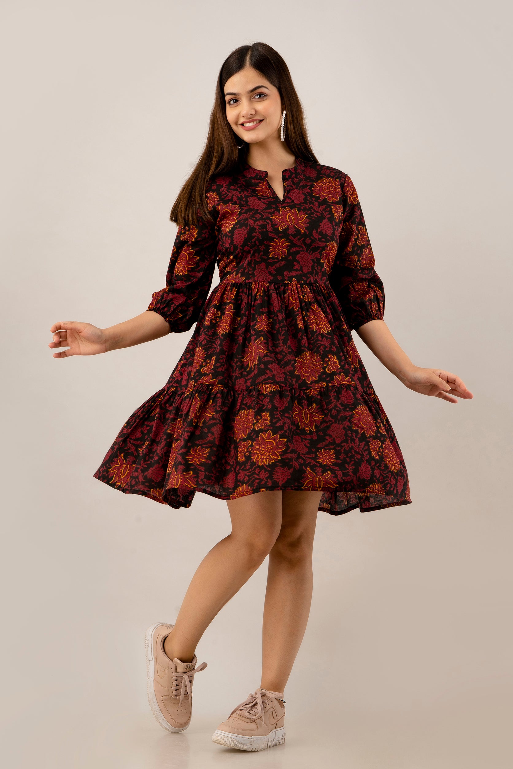 Black Floral Fit & Flare Cotton Short Dress