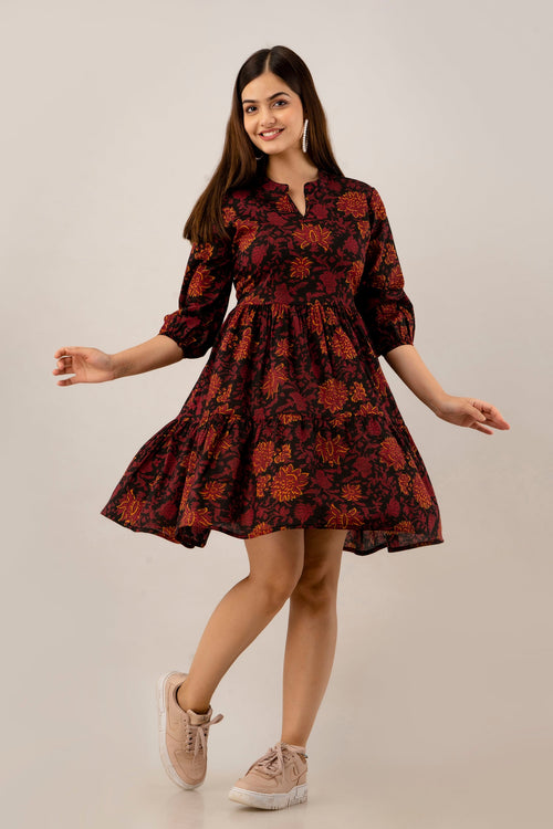 Black Floral Fit & Flare Cotton Short Dress