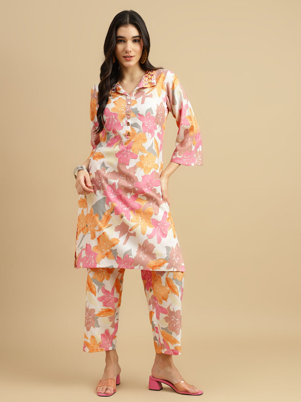 Peach Blossom Floral Rayon Kurti Pant Co-Ord Set for Women