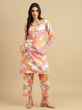 Peach Blossom Floral Rayon Kurti Pant Co-Ord Set for Women