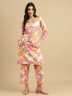 Peach Blossom Floral Rayon Kurti Pant Co-Ord Set for Women