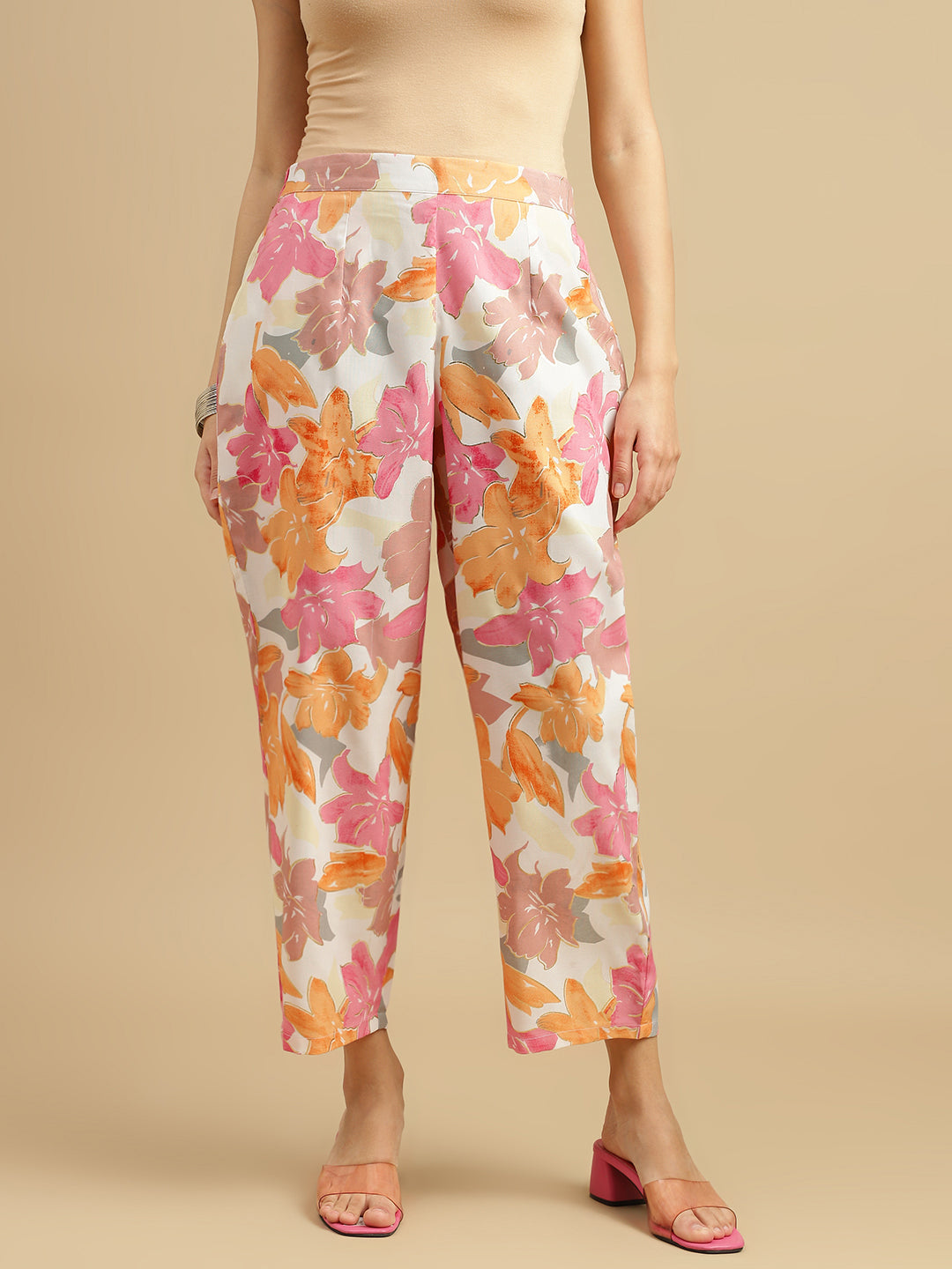 Peach Blossom Floral Rayon Kurti Pant Co-Ord Set for Women