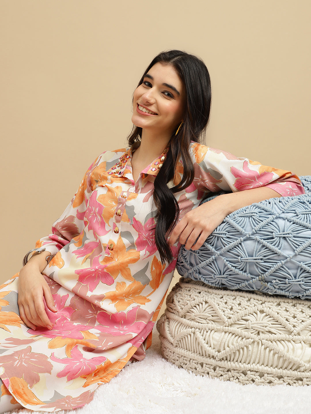 Peach Blossom Floral Rayon Kurti Pant Co-Ord Set for Women