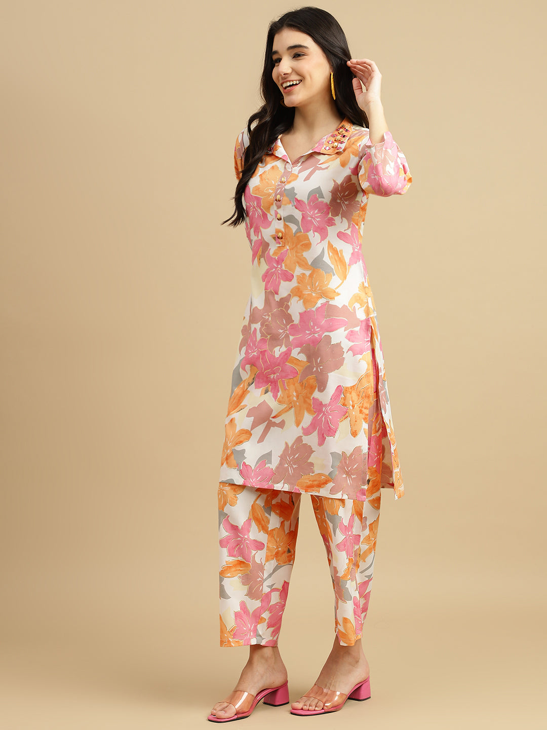 Peach Blossom Floral Rayon Kurti Pant Co-Ord Set for Women