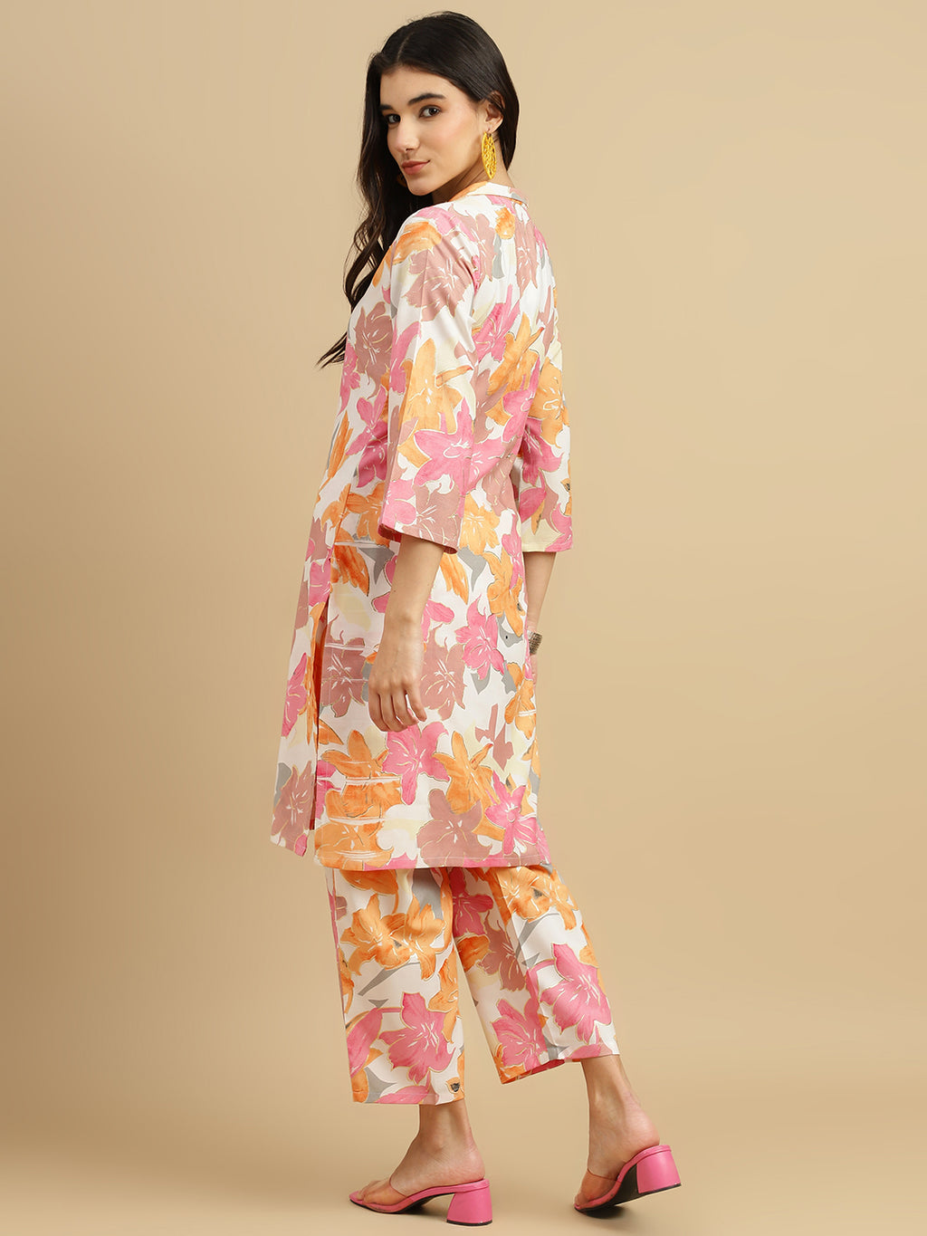 Peach Blossom Floral Rayon Kurti Pant Co-Ord Set for Women