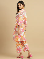 Peach Blossom Floral Rayon Kurti Pant Co-Ord Set for Women