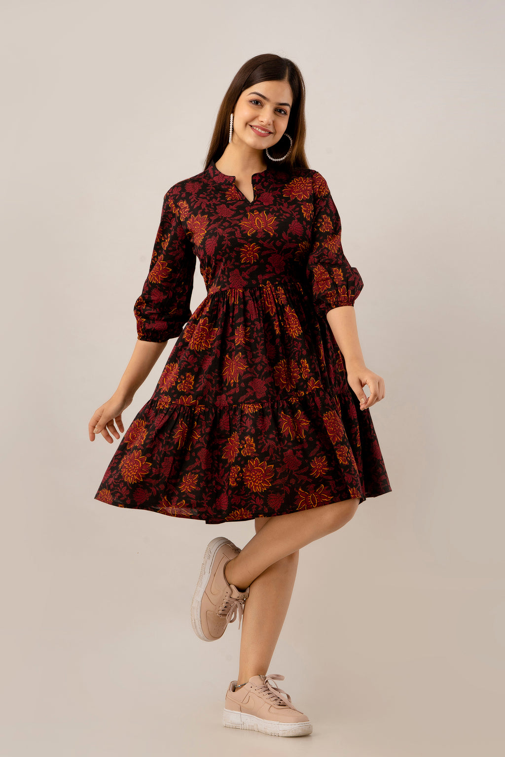 Black Floral Fit & Flare Cotton Short Dress