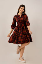 Black Floral Fit & Flare Cotton Short Dress
