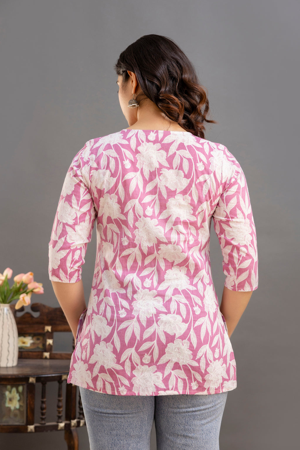 Soft Cotton Printed Casual Top – Pink & White