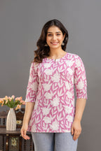 Soft Cotton Printed Casual Top – Pink & White