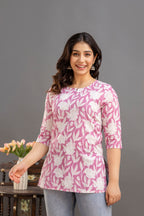 Soft Cotton Printed Casual Top – Pink & White