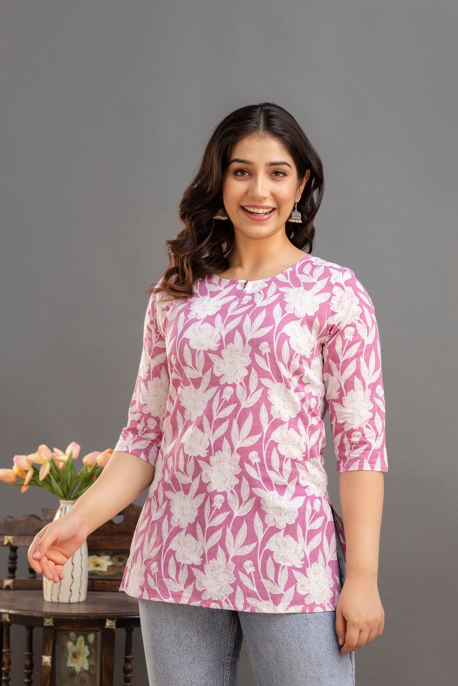 Soft Cotton Printed Casual Top – Pink & White
