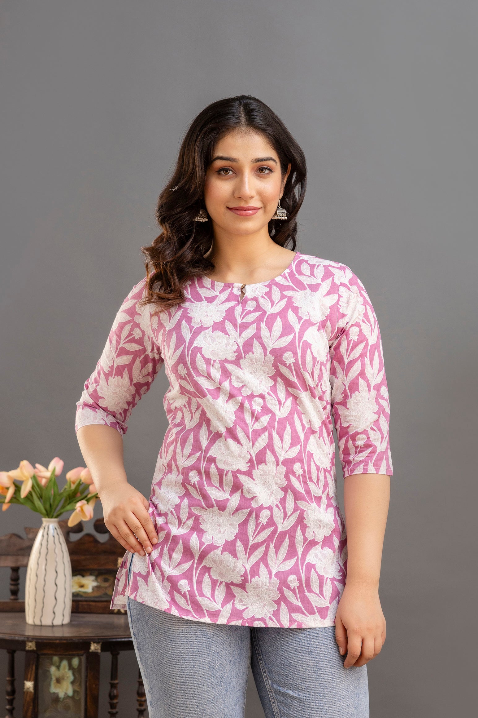 Soft Cotton Printed Casual Top – Pink & White