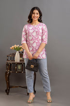 Soft Cotton Printed Casual Top – Pink & White