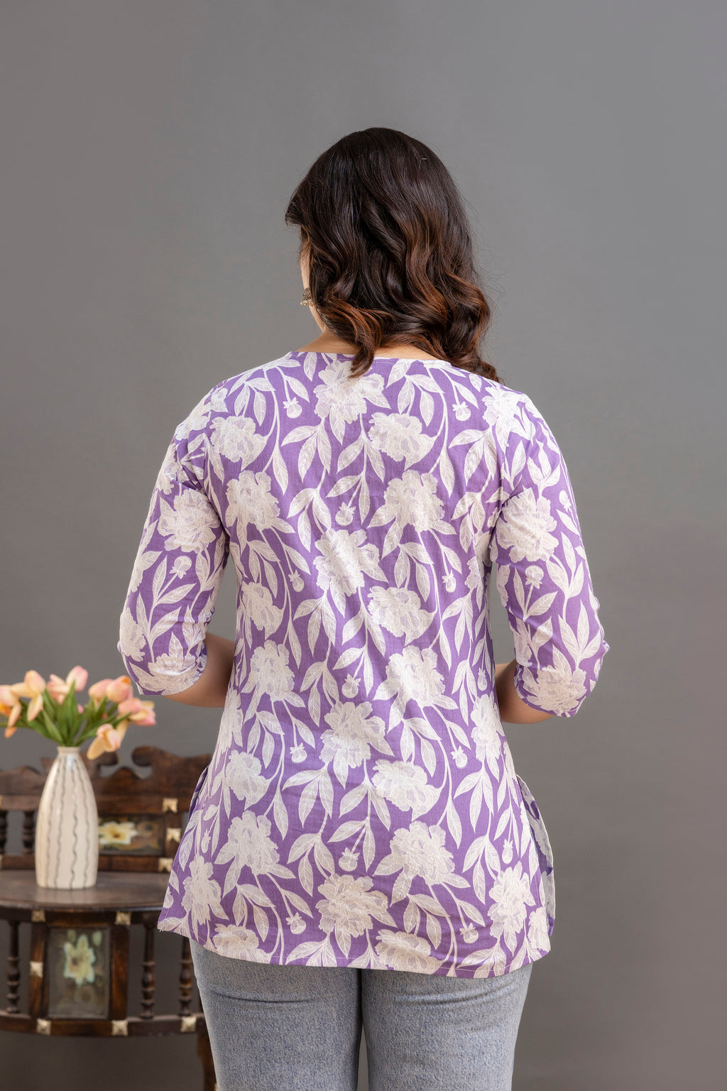 Elegant Floral Cotton Top with 3/4th Sleeves – Lavender