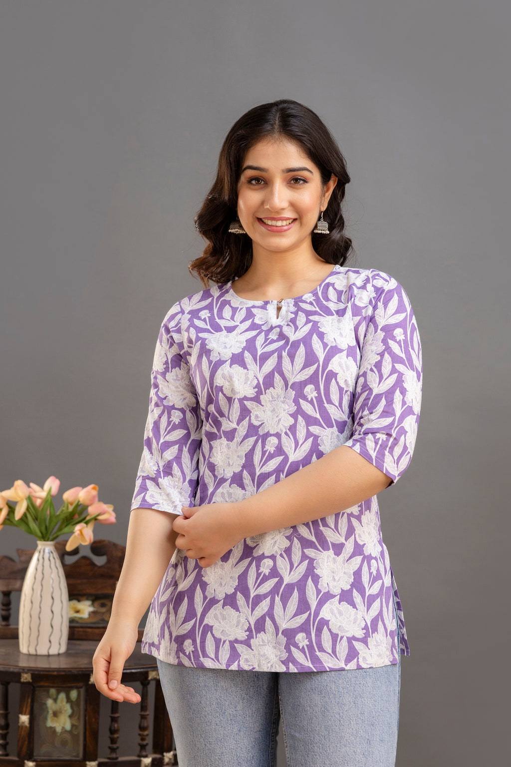 Elegant Floral Cotton Top with 3/4th Sleeves – Lavender