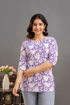 Elegant Floral Cotton Top with 3/4th Sleeves – Lavender