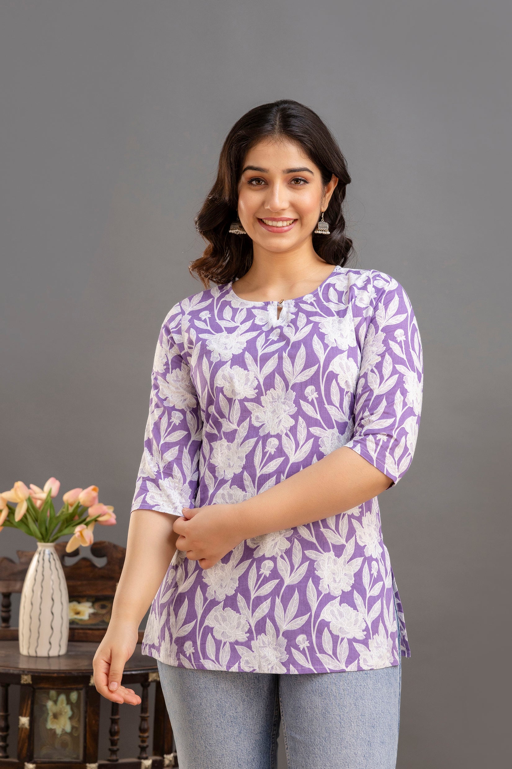 Elegant Floral Cotton Top with 3/4th Sleeves – Lavender