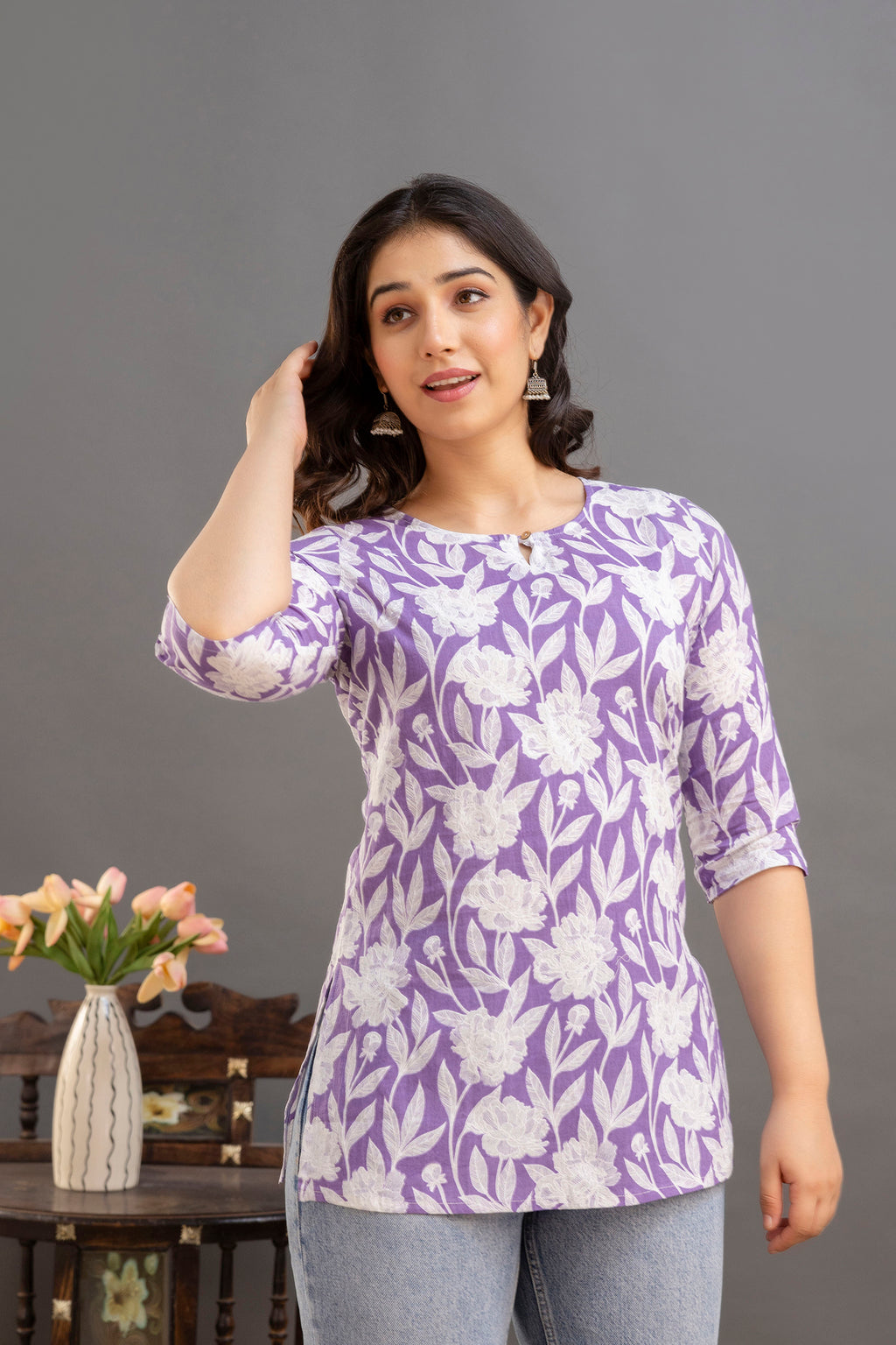 Elegant Floral Cotton Top with 3/4th Sleeves – Lavender