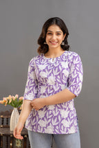 Elegant Floral Cotton Top with 3/4th Sleeves – Lavender