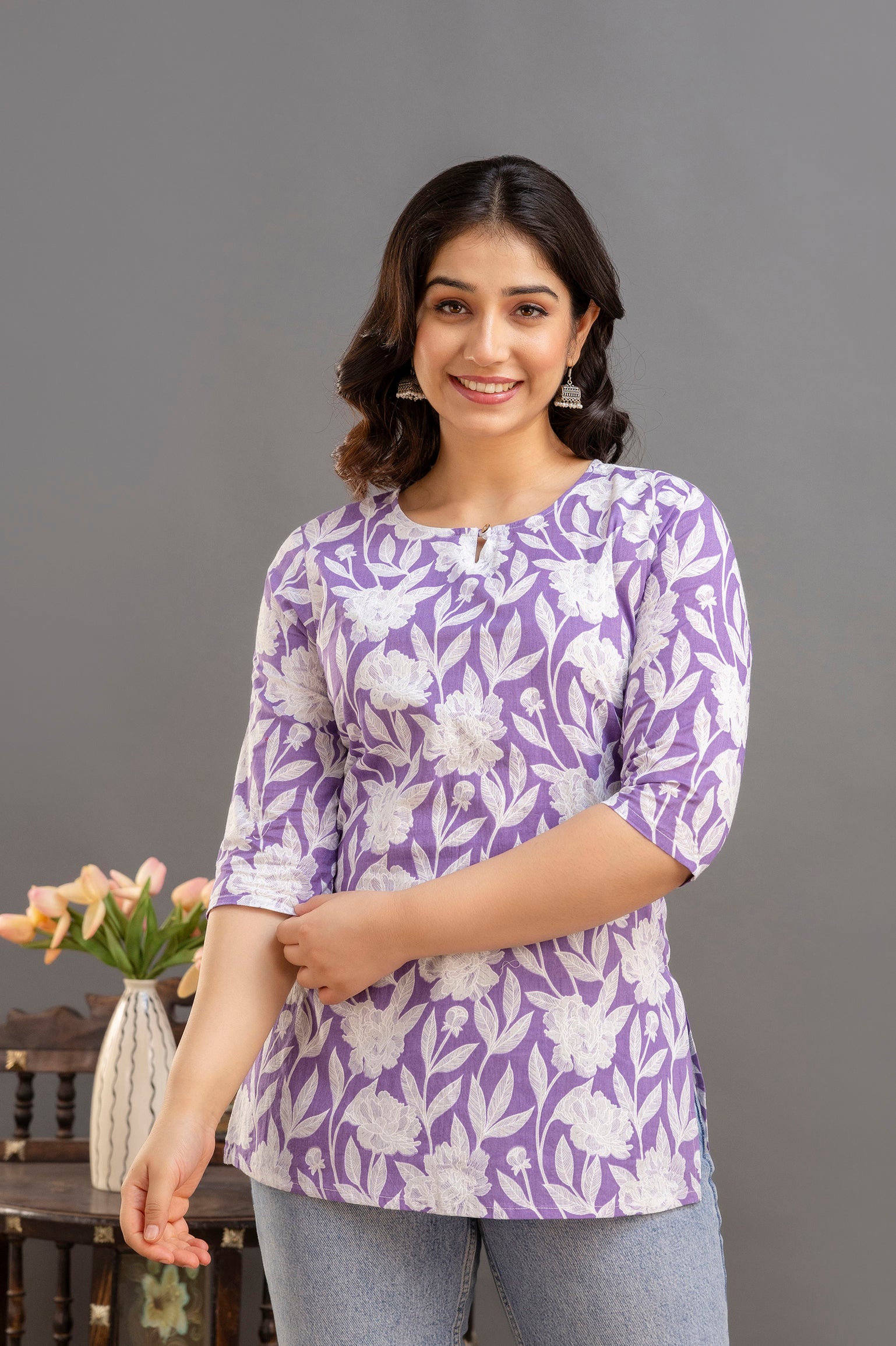 Elegant Floral Cotton Top with 3/4th Sleeves – Lavender