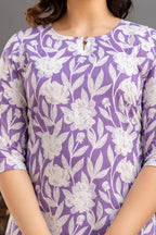 Elegant Floral Cotton Top with 3/4th Sleeves – Lavender
