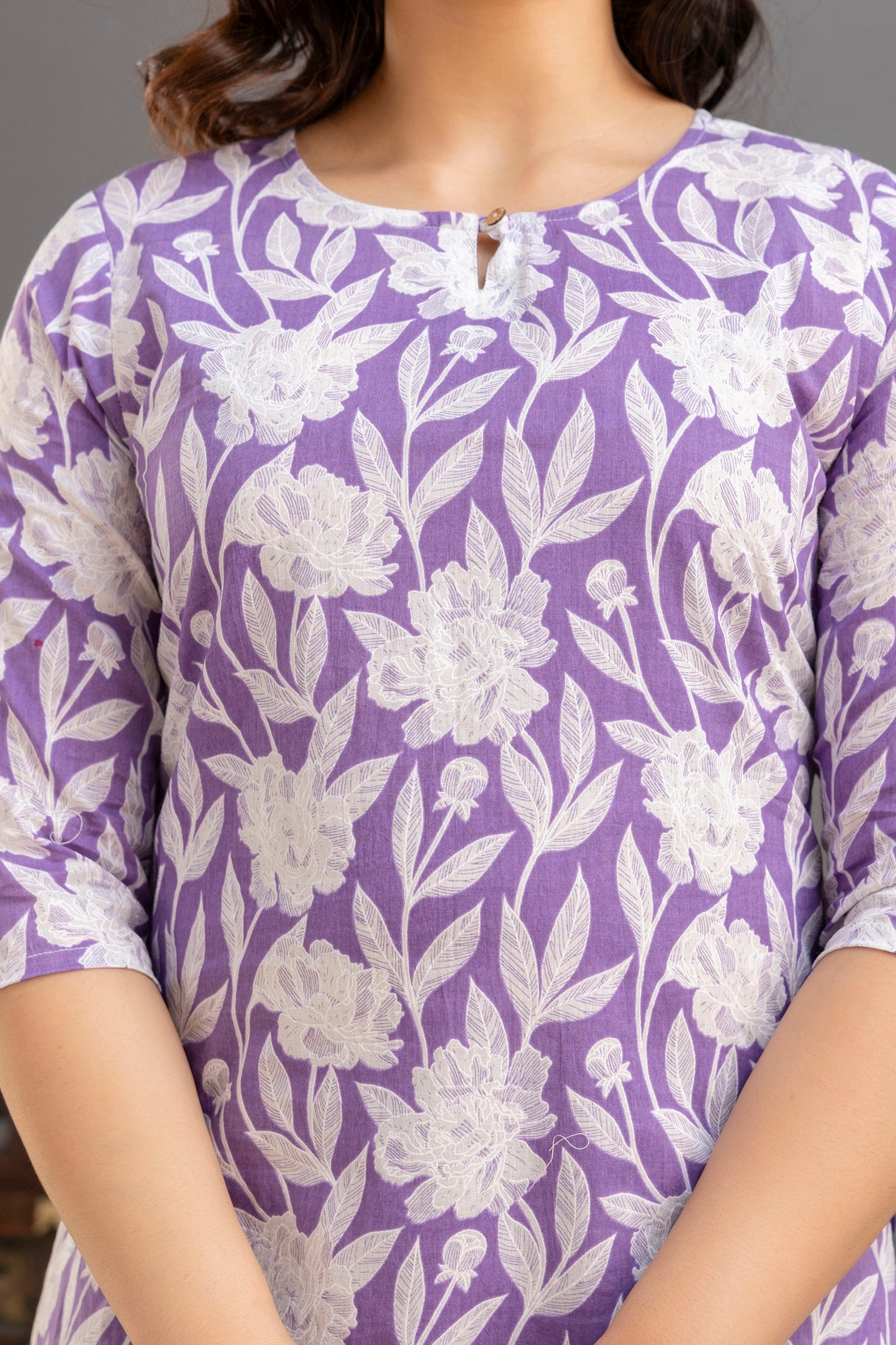 Elegant Floral Cotton Top with 3/4th Sleeves – Lavender