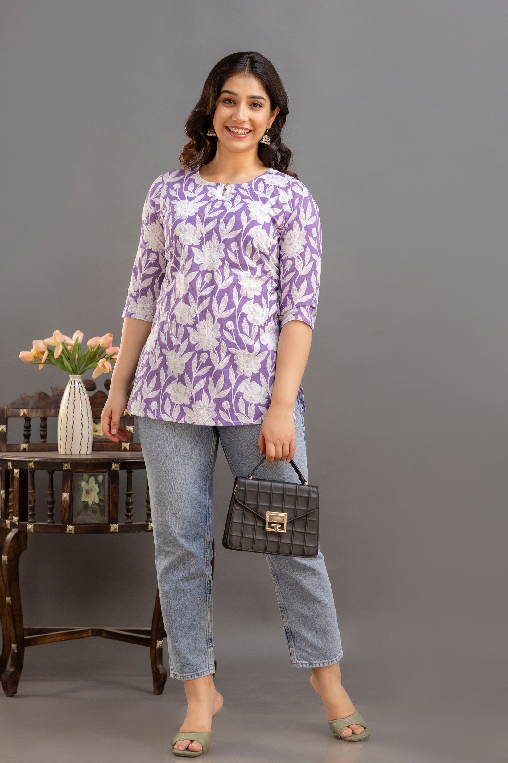 Elegant Floral Cotton Top with 3/4th Sleeves – Lavender