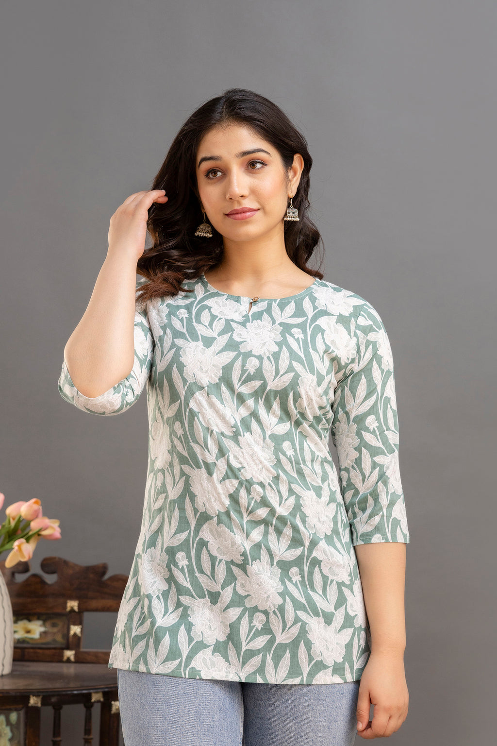 Elegant White Blossom Print Cotton Top