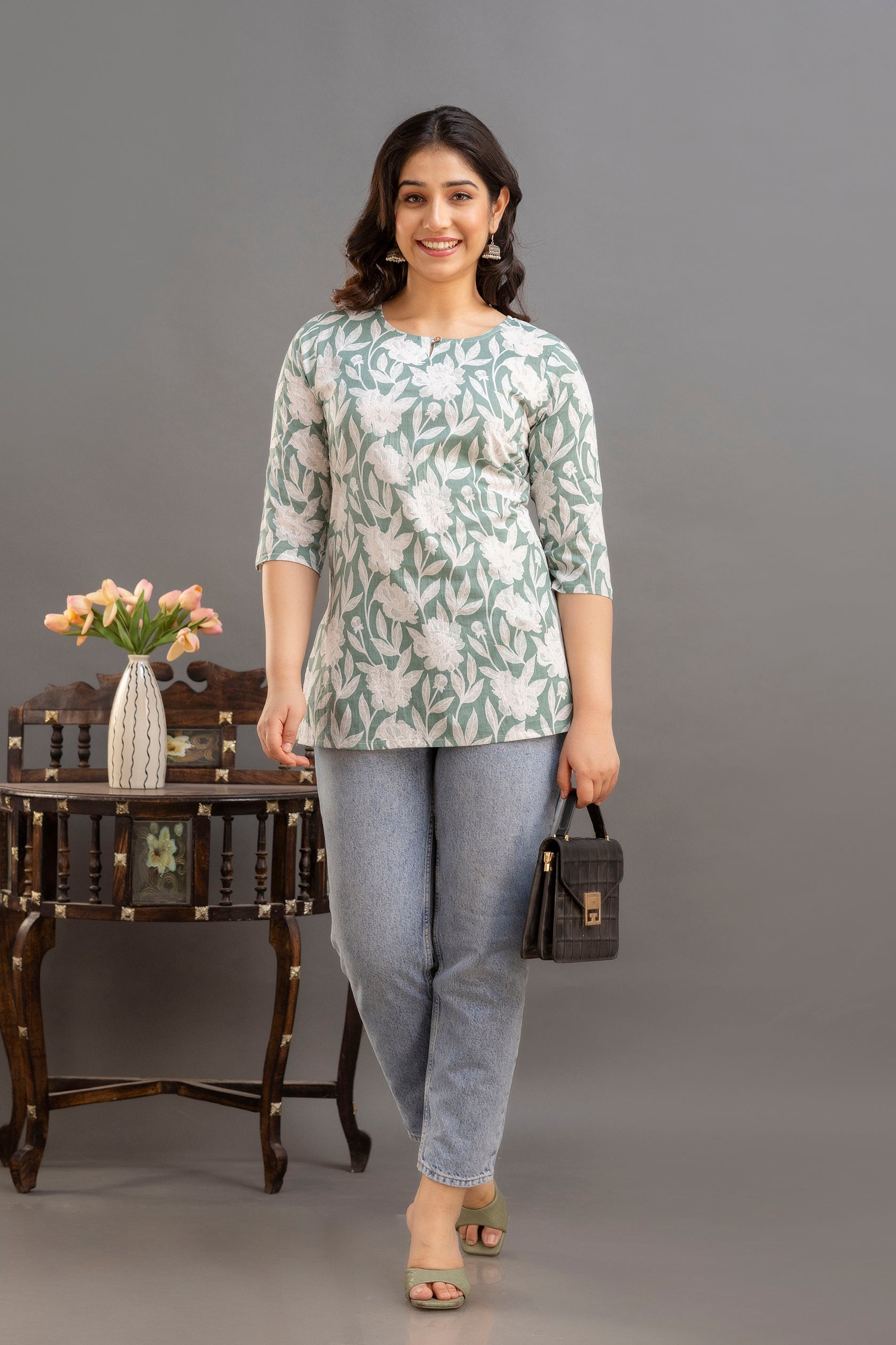 Elegant White Blossom Print Cotton Top