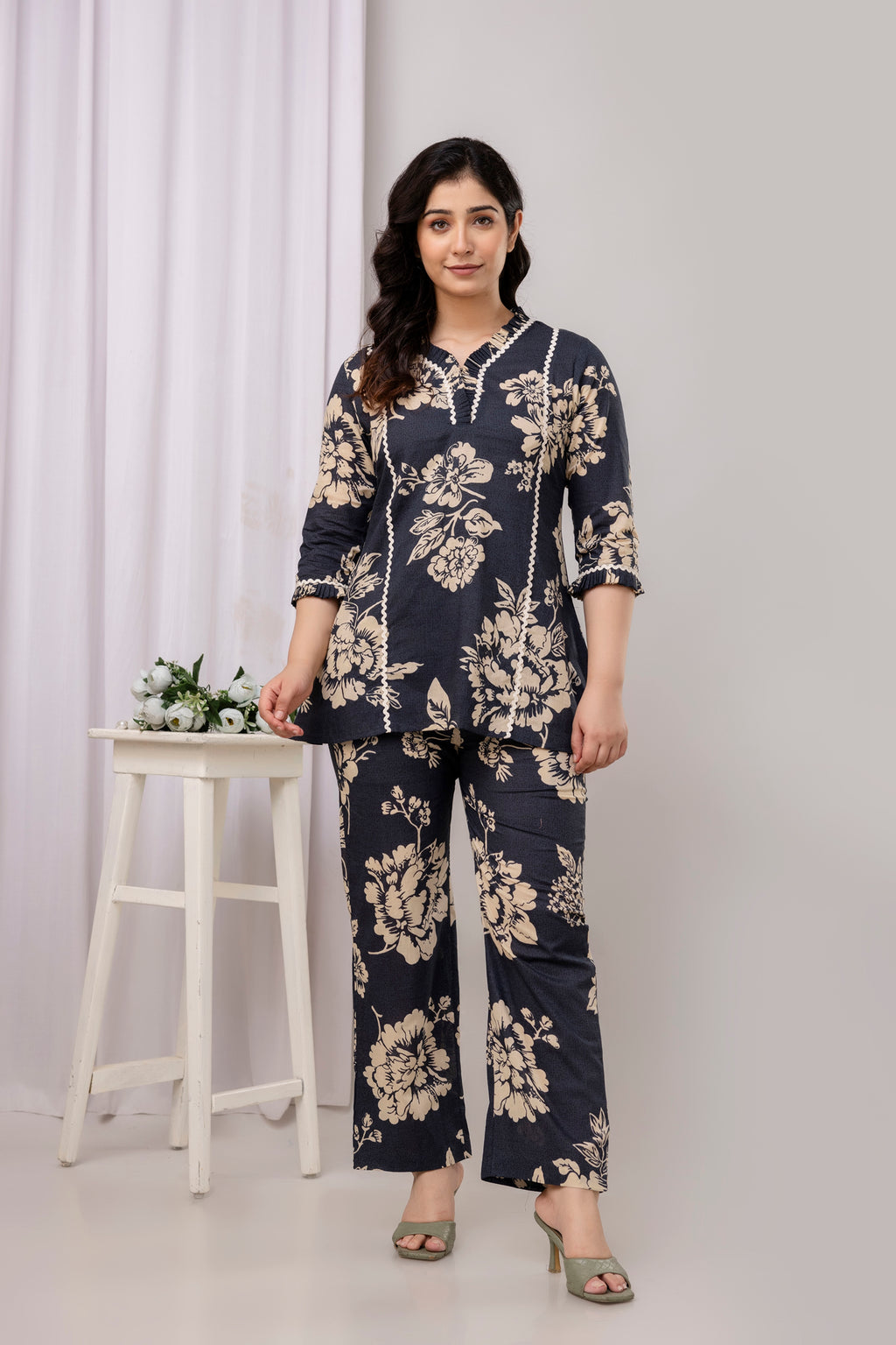 Navy Floral Straight Fit Co-Ord Set