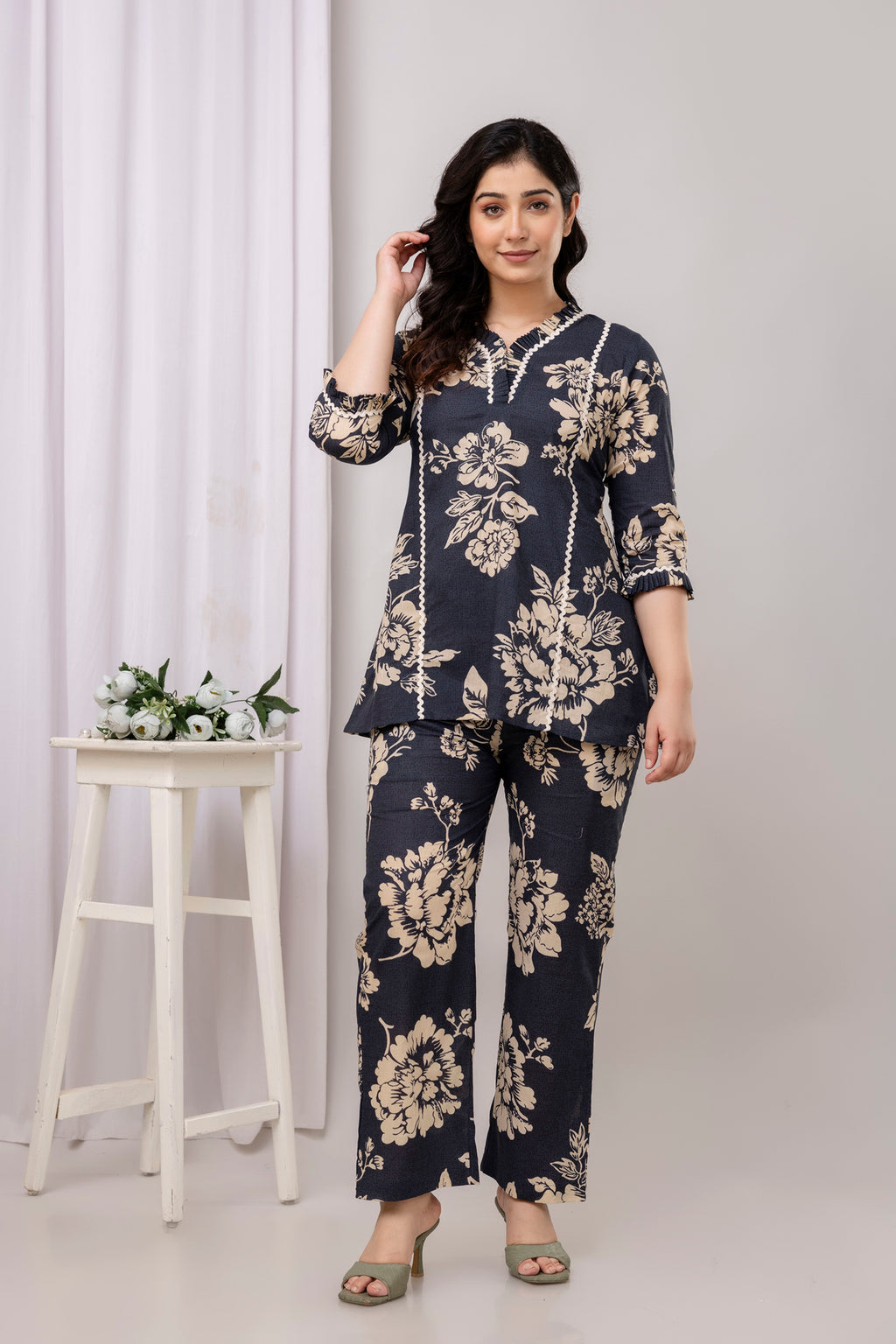 Navy Floral Straight Fit Co-Ord Set