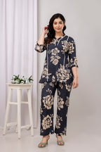 Navy Floral Straight Fit Co-Ord Set