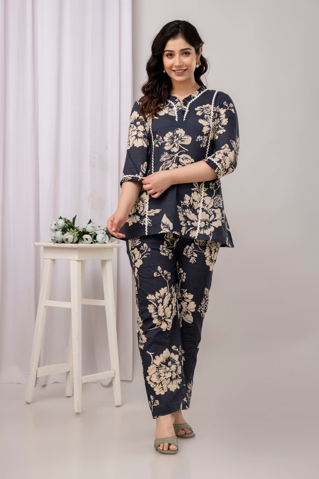 Navy Floral Straight Fit Co-Ord Set