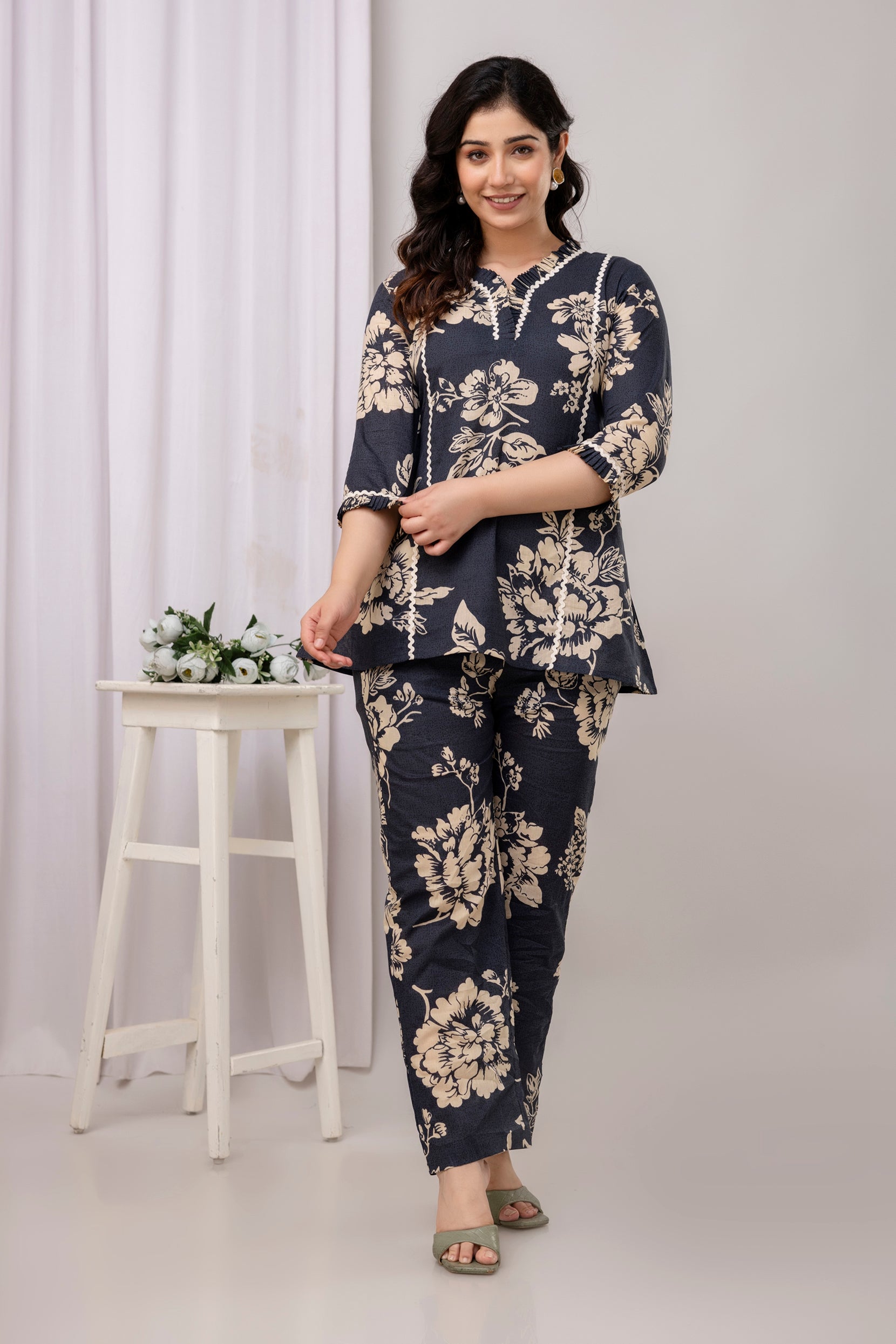 Navy Floral Straight Fit Co-Ord Set