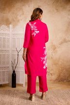 Elegant Rayon Kurta & Pant Set – Fuchsia with White Floral Print