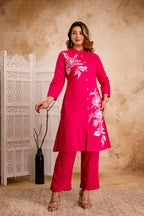 Elegant Rayon Kurta & Pant Set – Fuchsia with White Floral Print
